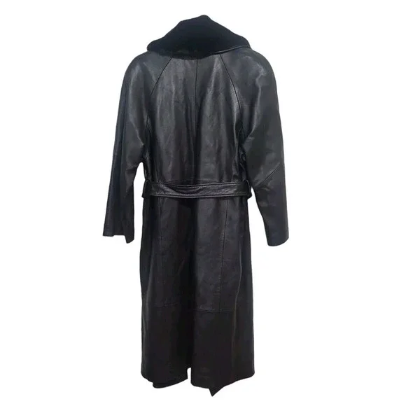 Lord & Taylor Black Vintage Long Suede Leather Coat W/Faux Fur Collar Size M